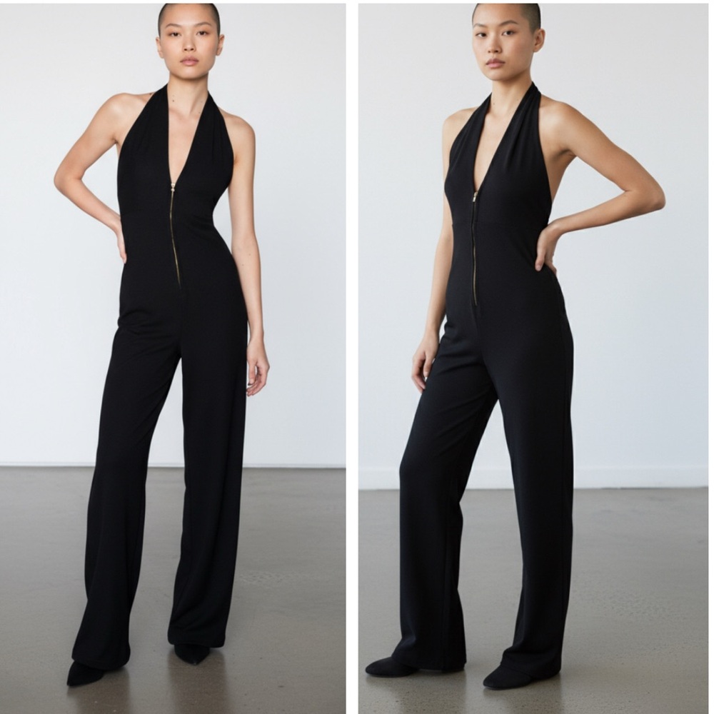 Zara Zip Front Wide Leg Halter Jumpsuit Black Stretchy Medium Low Cut - Picture 16 of 16